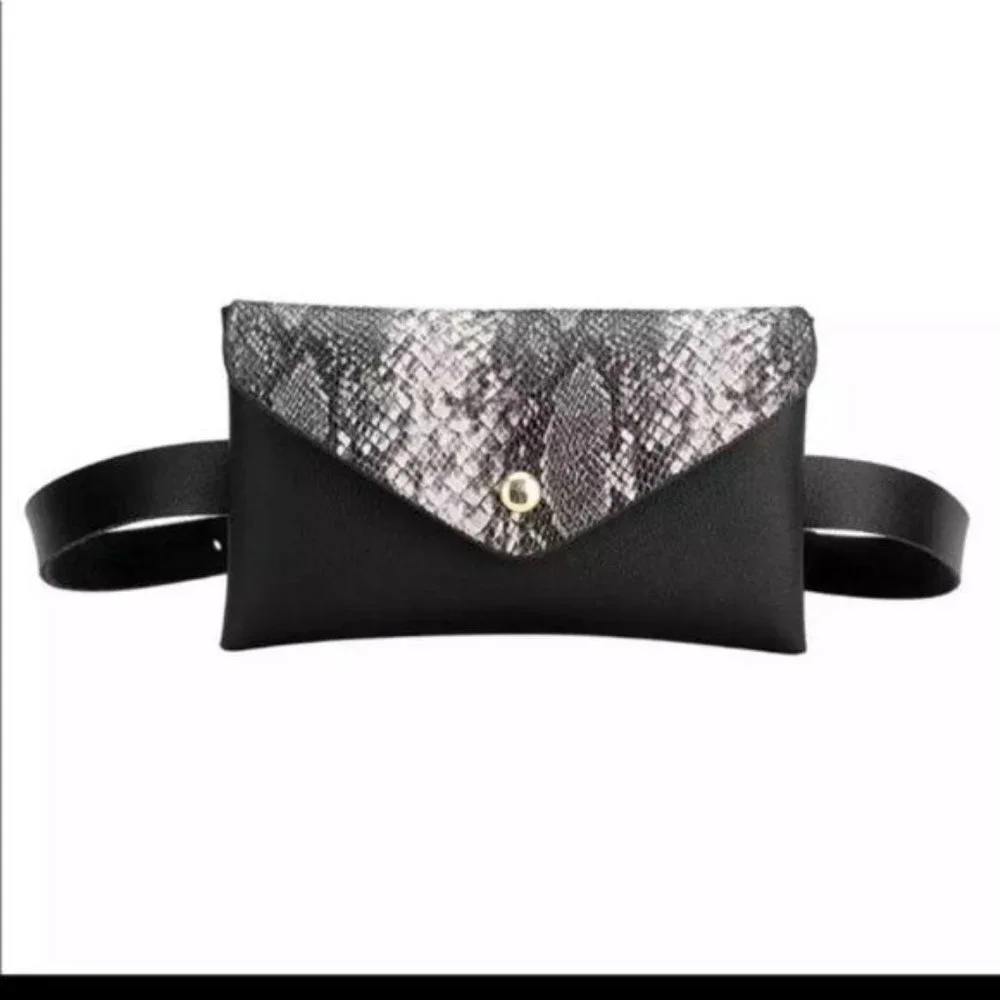 Waist Shoulder Bag Mini Bag Snakeskin Print Faux Leather Dark Gray Lightweight